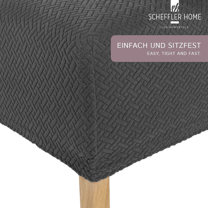 SCHEFFLER-Home Stuhlhussen Stretch Luna-Lang/Stuhlüberzug 4er Set Anthrazit/elastische Flanell Stuhl