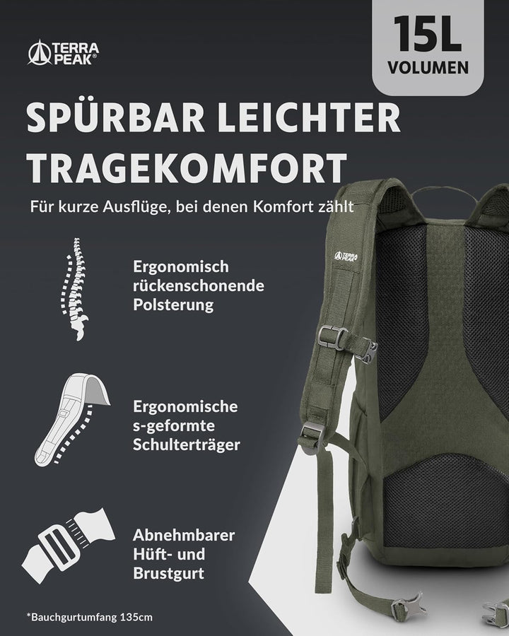 Terra Peak® Premium Wanderrucksack 15L (AREN) für Damen & Herren klein & extra leicht mit Rückenbelü