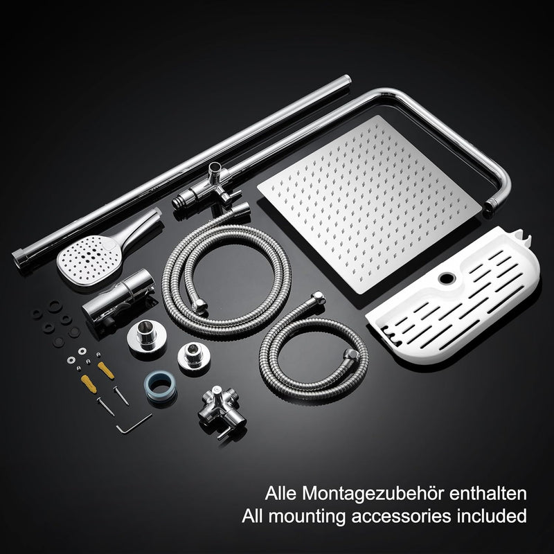 JOHO Edelstahl Duschsystem ohne Armatur Chrom Regendusche Duschset mit Duschgarnitur Ablage(Kopfbrau