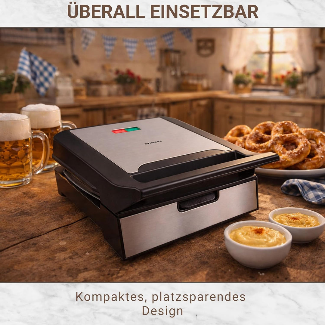 Syntrox Brezel Maker mit Wechselplatten, Edelstahl, schnelles Aufheizen, Antihaftbeschichtet, versch