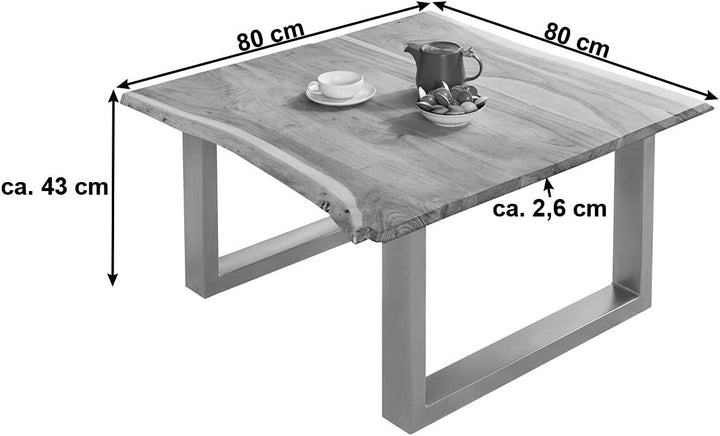 SAM Couchtisch Billy 80x80 cm Akazie Natur U-Gestell Silber | Baumkantentisch massiv, Akazienholz na