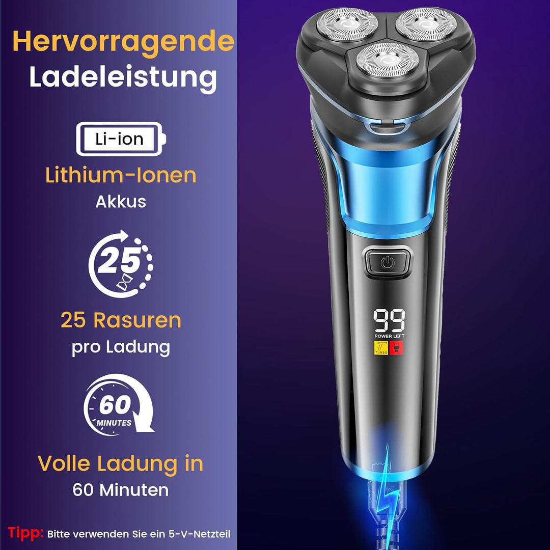 Skycool Rasierer Herren Elektrisch, 3-in-1 Elektrischer Rasierer für Herren Nass und Trocken, IPX7 W