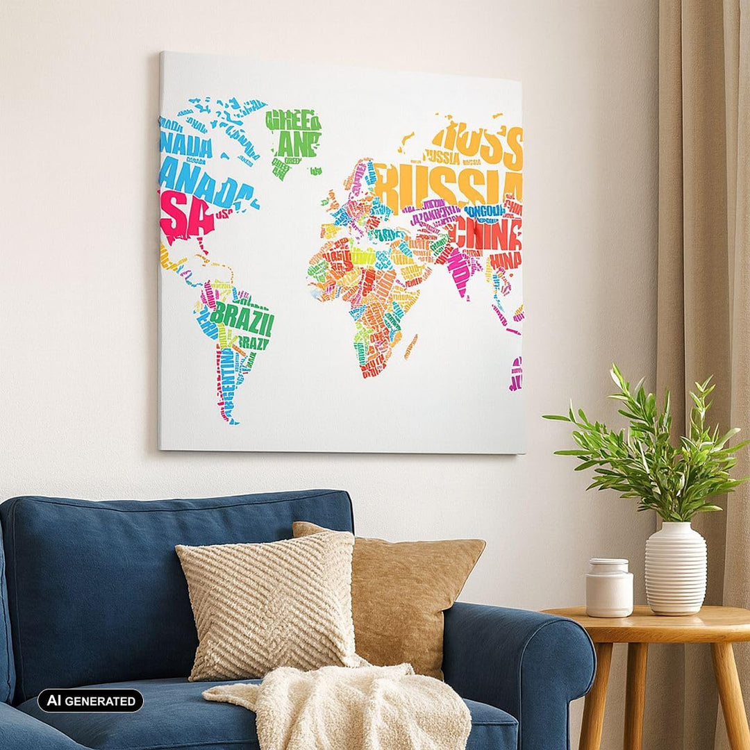 Bilder auf Leinwand Karte Worte Welt Geographie Leinwandbild 60x60cm Wandbilder Dekoration Wohnzimme