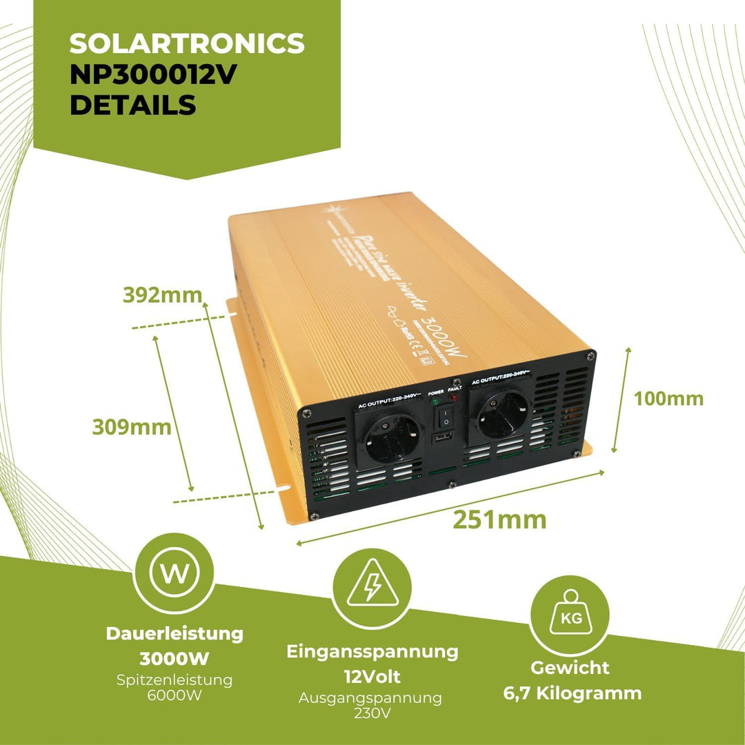Wechselrichter - Spannungswandler 12V 300 bis 3000 Watt reiner SINUS mit echtem Power USB 2.1A Gold