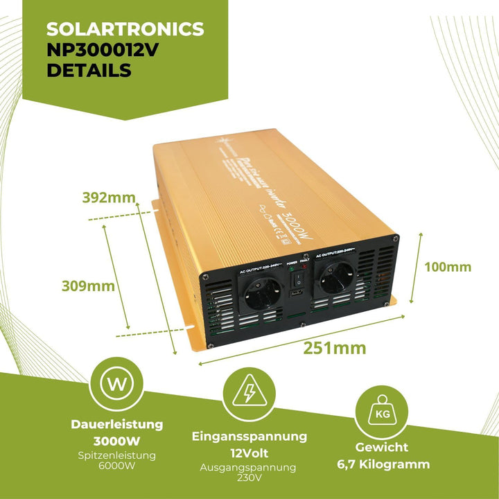 Wechselrichter - Spannungswandler 12V 300 bis 3000 Watt reiner SINUS mit echtem Power USB 2.1A Gold