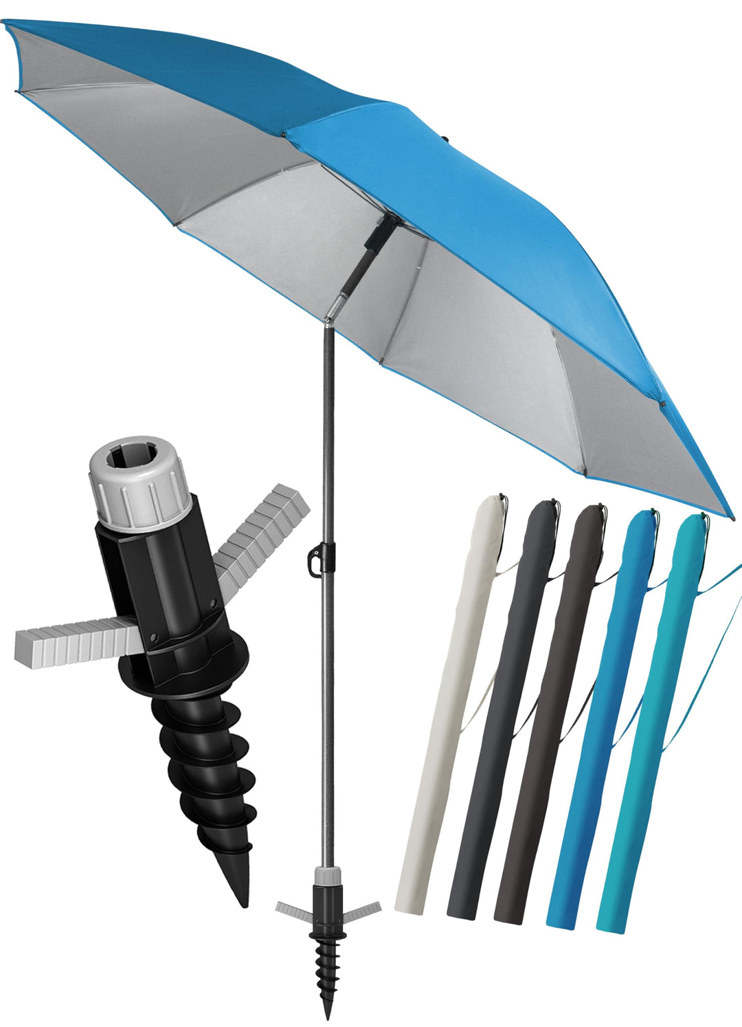 4smile Sonnenschirm Strand SunnyJoy, 3-in-1 SET, Blau - UPF 50+ Strandschirm Ø 180 cm + Sonnenschirm