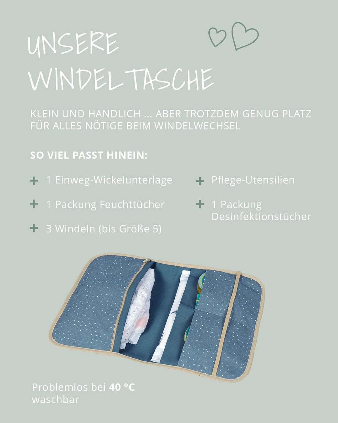 ULLENBOOM ® Windeltasche für unterwegs (Made in EU) - Wickeltasche für bis zu 3 Windeln, Feuchttüche