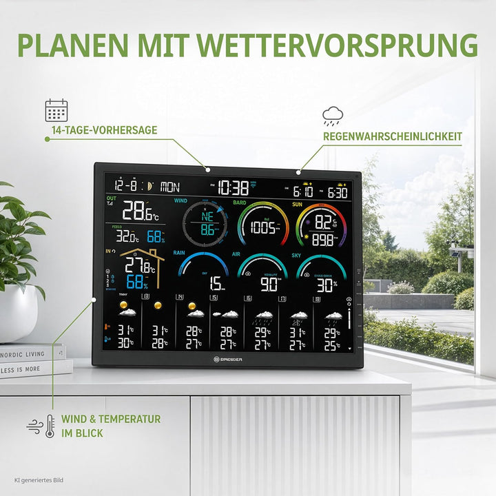 Bresser WLAN Wetterstation 18,5" mit 8-in-1 Sensor, 14-Tage Prognose, WBGT, UV-Solar, Regen- und Win