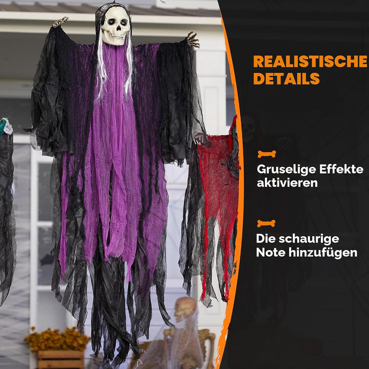 JOYIN 3 Stück Halloween-Skelett-Sensenmann-Dekoration zum Aufhängen, EIN 134 cm grosses Halloween-Sk