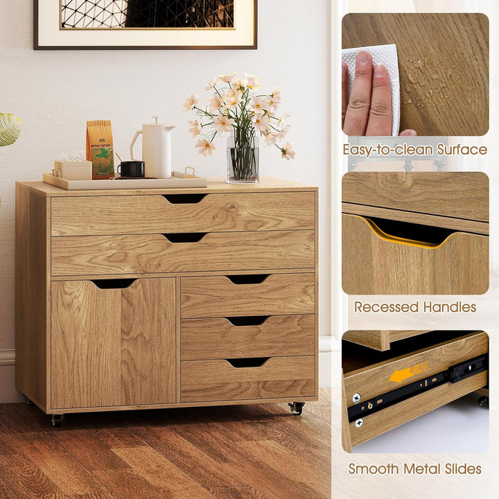 KOMFOTTEU Aktenschrank mit Rollen, Bürocontainer mit 5 Schubladen & 1 Schrank, Rollcontainer Schubla