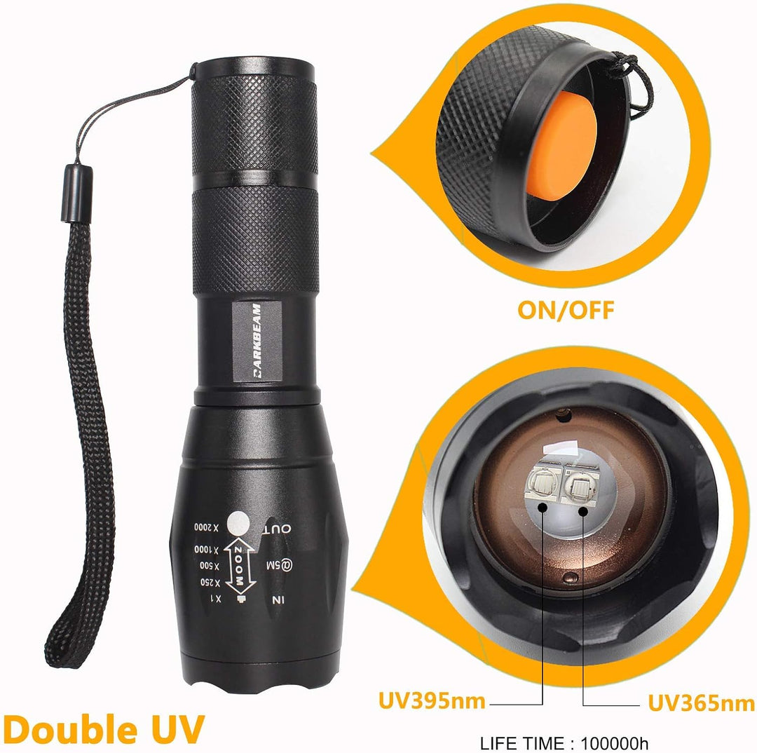DARKBEAM Taschenlampe Doppeltes UV Licht 365nm &amp; 395nm Wiederaufladbare, Woodsche Lampe Schwarzlicht