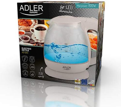 adler AD 1238 Elektrischer Wasserkocher aus Glas, klein, 1 l, 1100 W, LED-Beleuchtung, 1 Liter, Beig