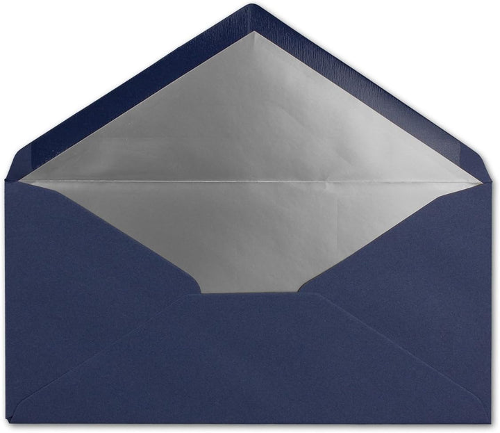 100 Brief-Umschläge DIN Lang - Dunkel-Blau/Nachtblau mit Silber-Metallic Innen-Futter - 110 x 220 mm