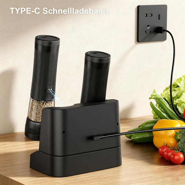 Elektrische Salz und Pfeffermühle Set mit USB Ladebasis,100ml Grosses Fassungsvermögen,Elektrisch Ge