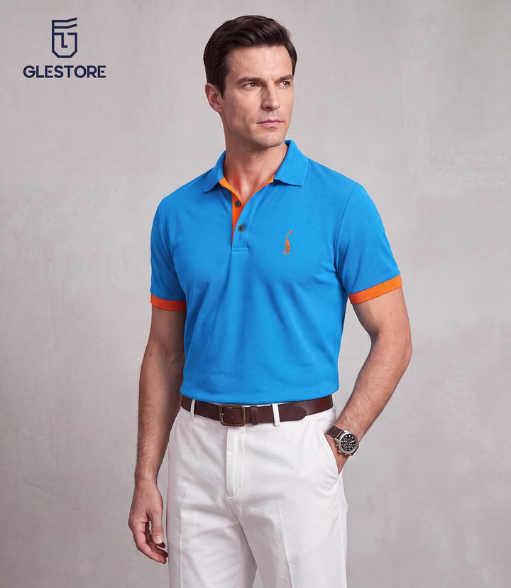GLESTORE Poloshirt Herren Männer Hemd Herren Kurzarm Shirt Sommer L Blau&amp;orange, L Blau&amp;orange