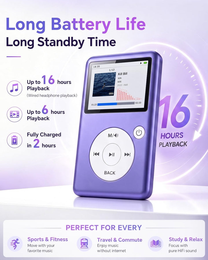 MP3 Player Bluetooth 5.3 mit Video, Hörbüchern, FM Radio und Touch Wheel