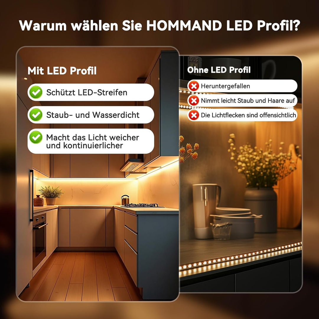 HOMMAND LED-Aluminiumprofil, 10 x 1 m, U-Form, Set mit Diffusor, Eckverbinder, Klebstoff, Endkappen