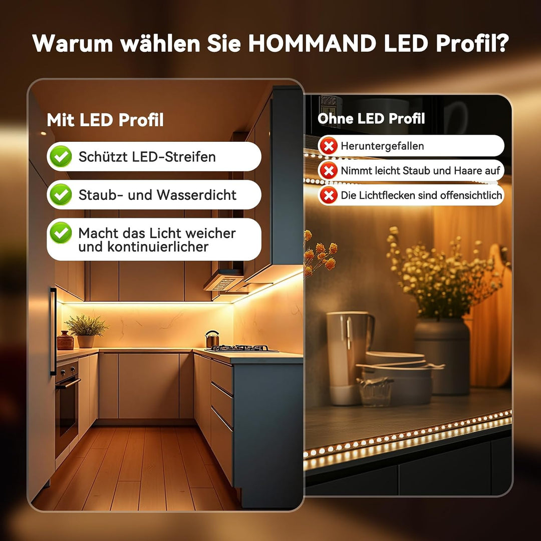 HOMMAND 6 x 1m/3,3ft LED Profil U-Form, LED Leiste Profil und Diffusor, LED Streifen Kanal mit Eckve