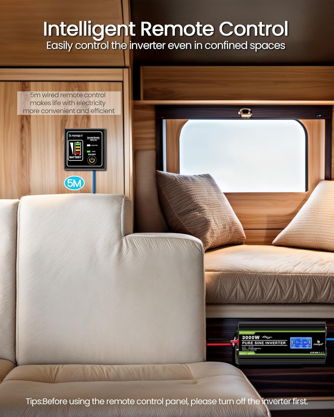 NOVOPAL 3000W Kfz Wechselrichter Spannungswandler 12v 230v Reiner Sinus mit LCD-Display und USB-Ansc