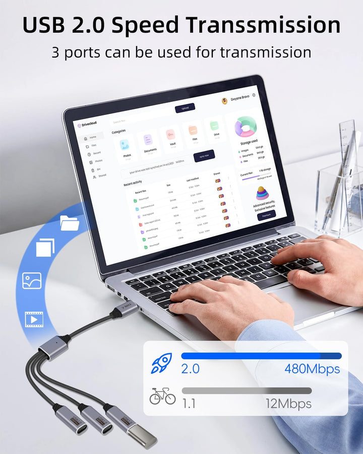 USB C Splitter 3 Port 1 Stecker auf 3 Buchse, 1 in 3 Ausgang USB C Extender Hub Daten und Stromverso