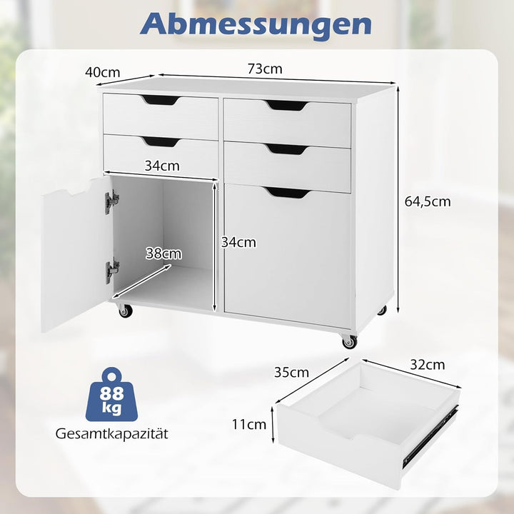 COSTWAY Rollcontainer mit 4 Schubladen & 2 Türen, mobiler Aktenschrank mit Rollen, Schreibtisch Unte