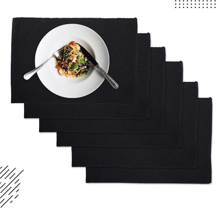 Encasa XO Platzsets Esstisch Set von 6 | Tiefes Schwarz | Fein gerippte Baumwoll-Tischunterlage | Gr