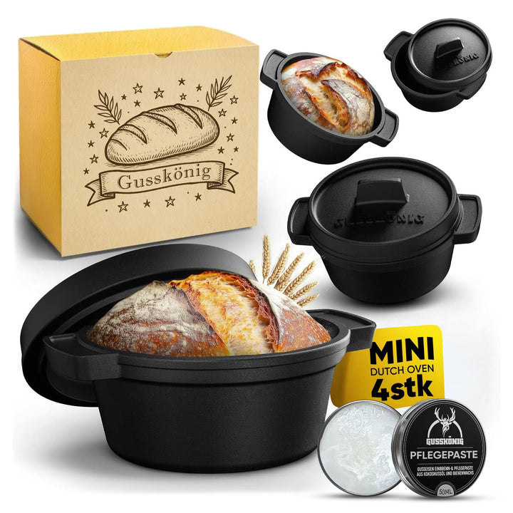 Mini Gusseisen Brotbackform Set–4x 300 ml Brotbacktopf mit Deckel–eingebrannte Mini Dutch Oven zum B