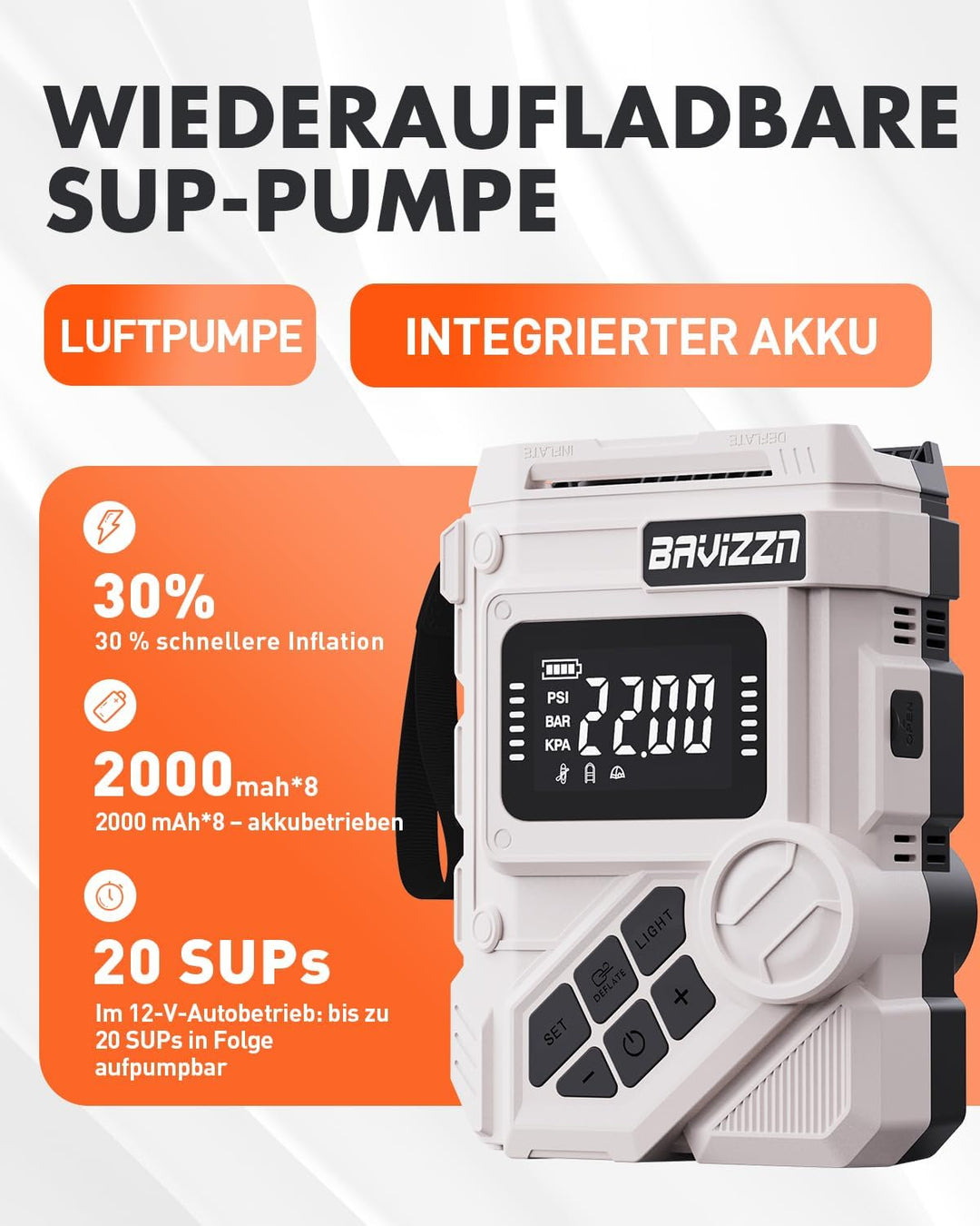 Sup Pumpe Elektrische Akku 22PSI Elektrische Sup pumpe Mit Akku 59.2WH 12DC Typ-C-Anschluss Inflator