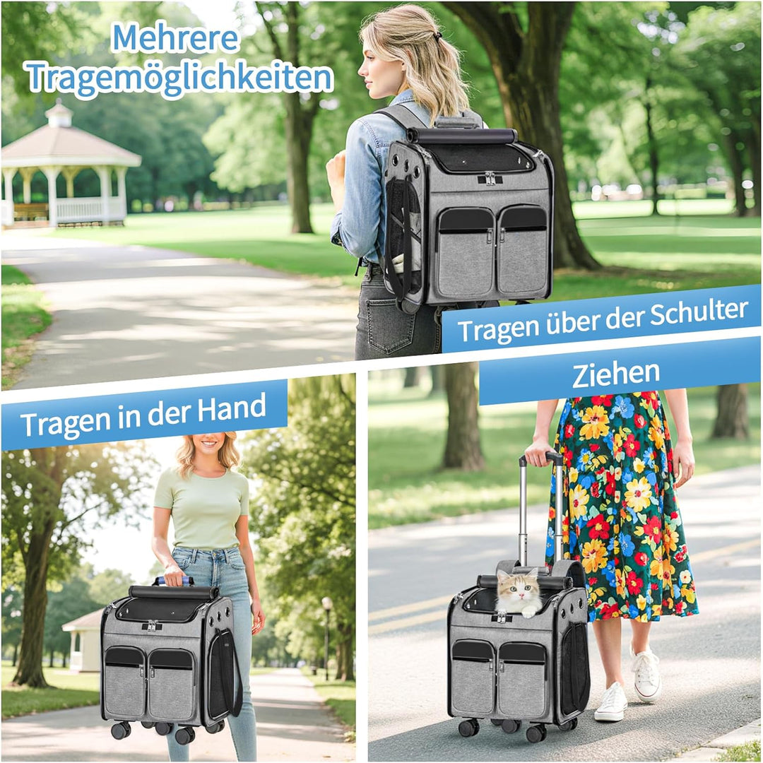 mit Trolley 2 in 1 bis 20 kg, Katzenrucksack Grosse Katzentragetasche mit Rollen, multifunktionaler