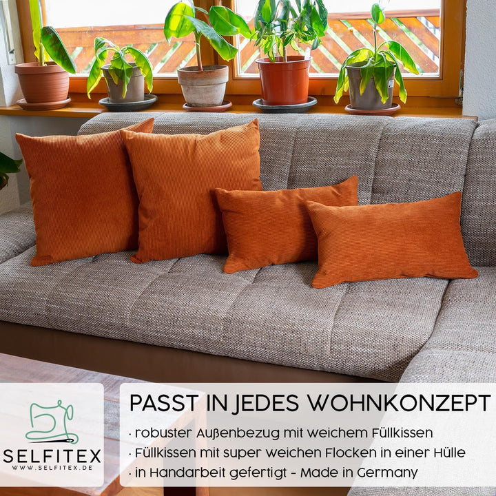 Selfitex 4er Set Cord Kissen 2X 50x50 + 2X 30x50, Couchkissen mit Füllung und Bezug, Kissen Cord, sa