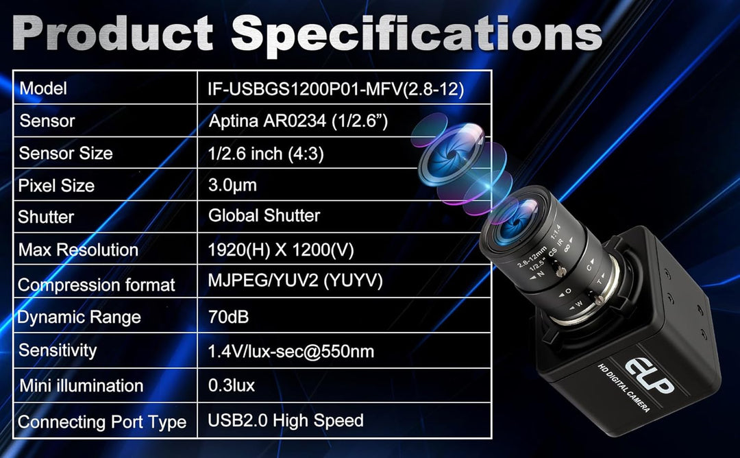 ELP 2MP Global Shutter USB-Kamera, 90 fps hohe Bildrate, 2,8–12 mm 4-Fach manuelles Zoomobjektiv, In