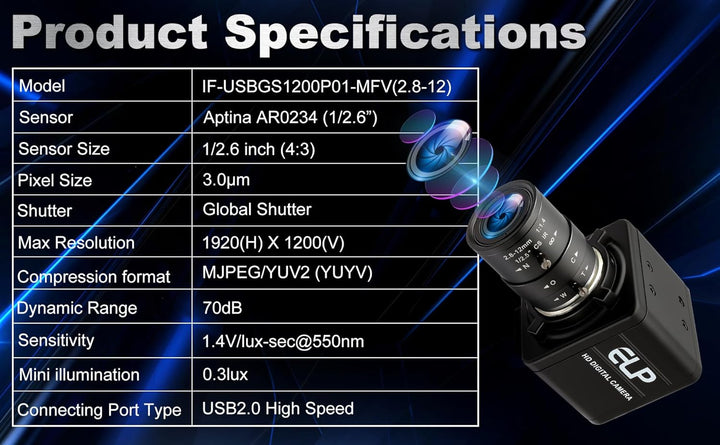 ELP 2MP Global Shutter USB-Kamera, 90 fps hohe Bildrate, 2,8–12 mm 4-Fach manuelles Zoomobjektiv, In