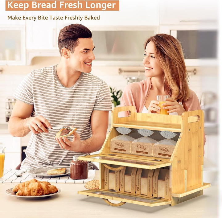 BAMBANG Extra Grosses Brotkasten, 2 Etagen Bambus Brotbox für Küchen, Holz Brotbehälter mit Werkzeug
