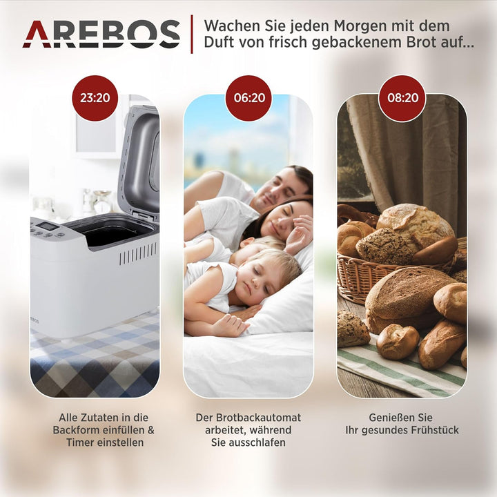 Arebos Brotbackautomat 1500g | mit 15 Programmen | 2 Knethaken | Timer | LCD Display | 3 Bräunungsgr
