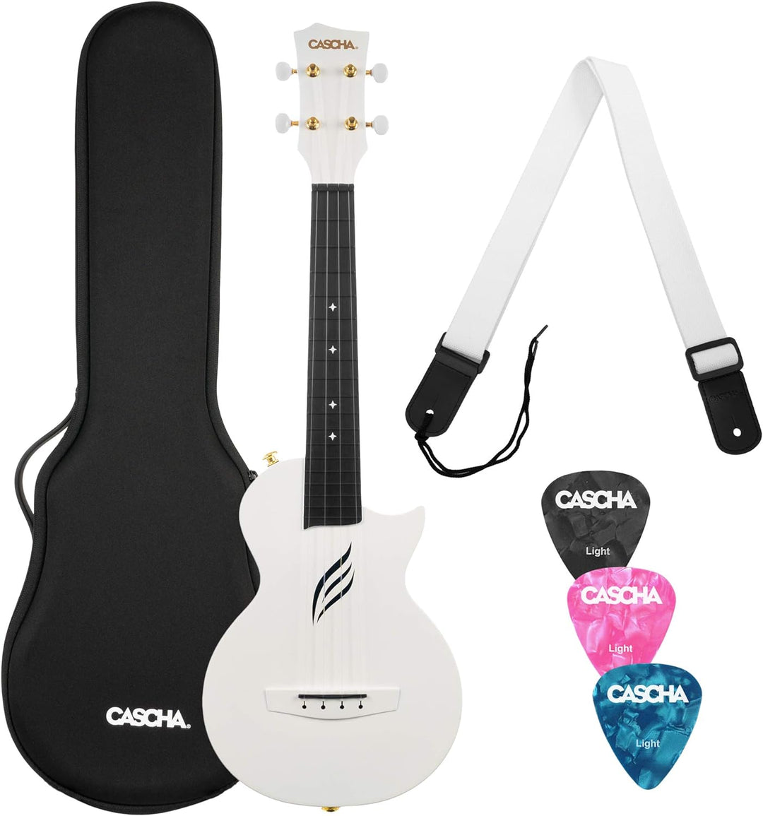 CASCHA Konzert Ukulele Set aus Kohlefaser I Carbon Ukulele Starter Kit mit 3 Plektren Tasche Gurt I