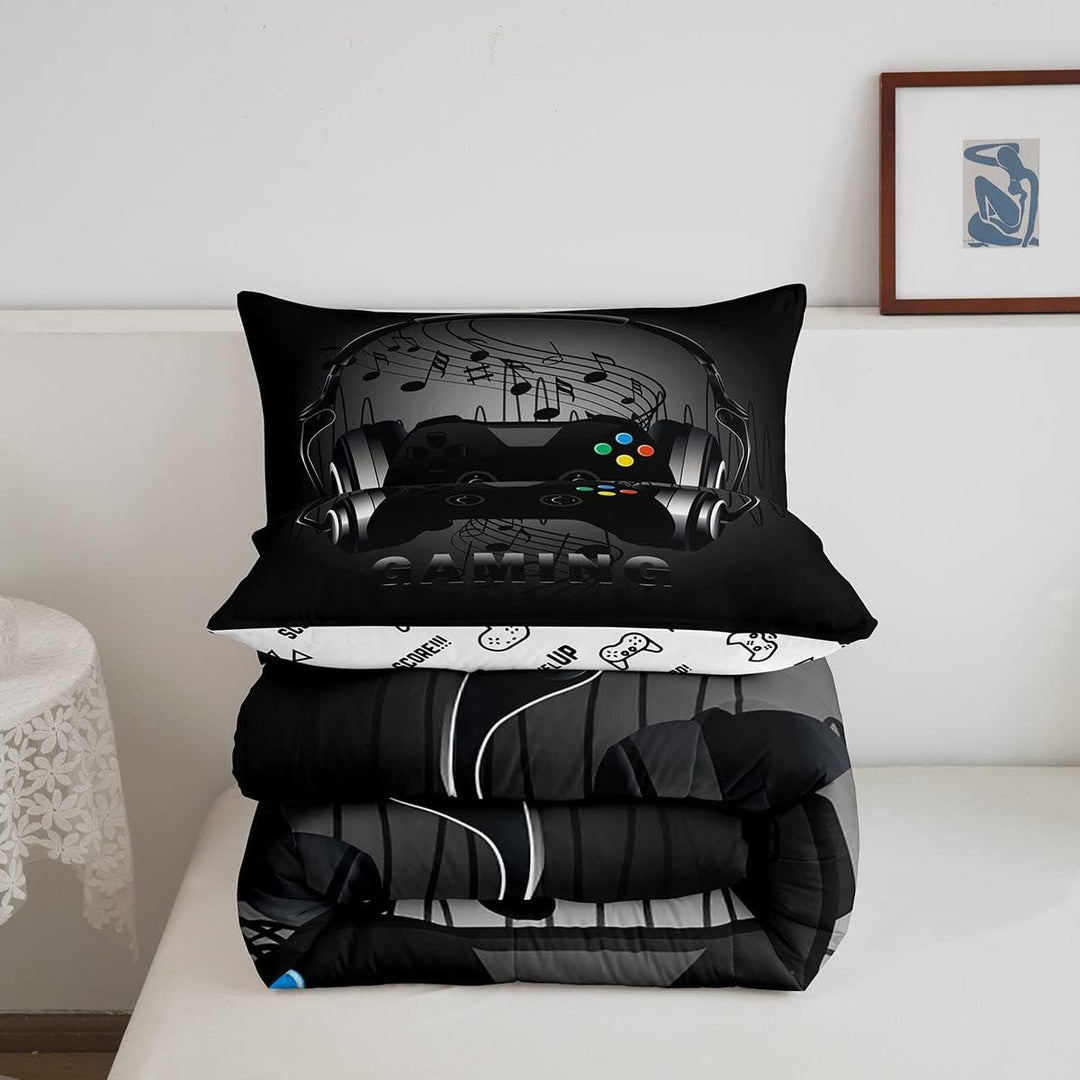 Gaming-Bettwäsche-Set mit Kopfhörern, Game-Controller, schwarz-grau, Videospiel-Dekoration, Musik-Me