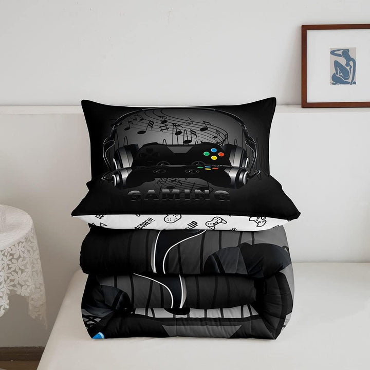 Gaming-Bettwäsche-Set mit Kopfhörern, Game-Controller, schwarz-grau, Videospiel-Dekoration, Musik-Me
