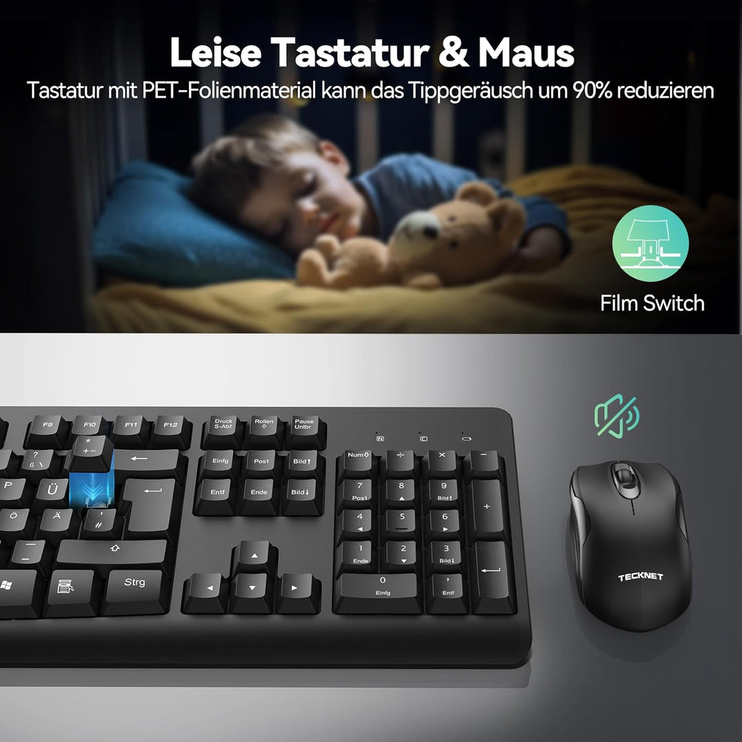 TECKNET Tastatur Maus Set Kabellos, QWERTZ Layout Funktastatur mit Maus, Vollformat, Spritzwasserges