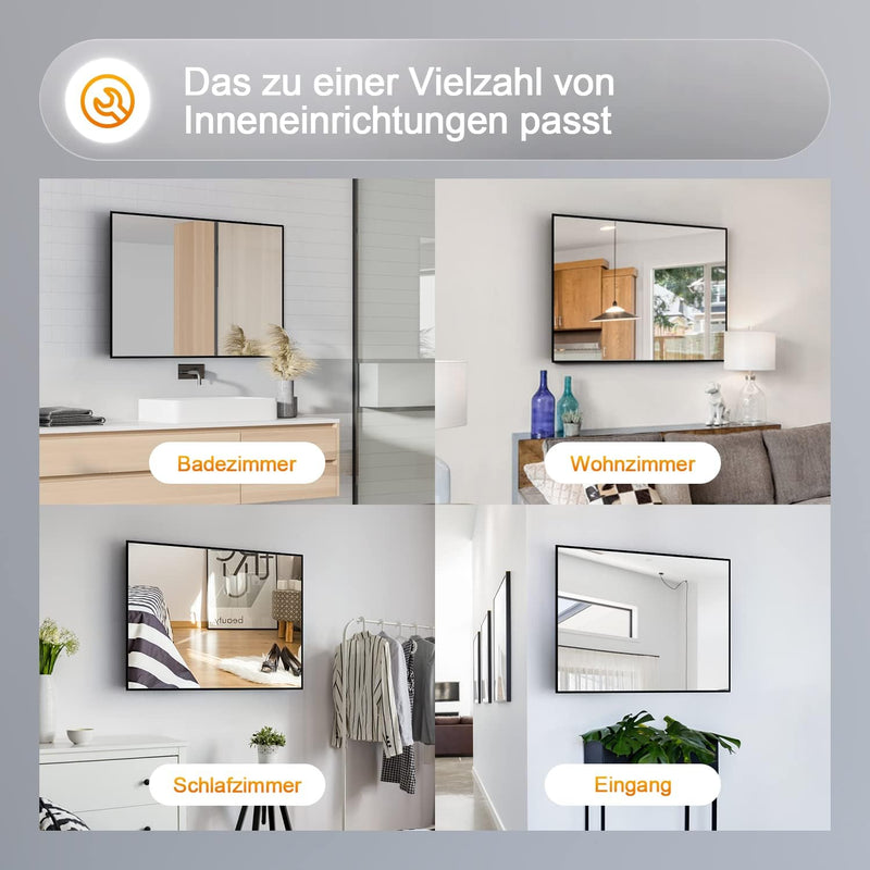BD-Baode Spiegel Schwarz 70x50cm Rechteckiger Metallrahmen Badspiegel Wandspiegel für Badezimmer Woh