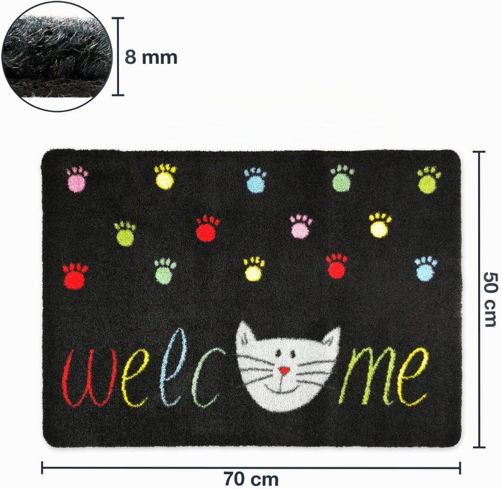 deco-mat Fussmatte Katze 50 x 70 cm Schwarz - Fussmatte mit Katzen - rutschfest &amp; waschbar - Schmutz