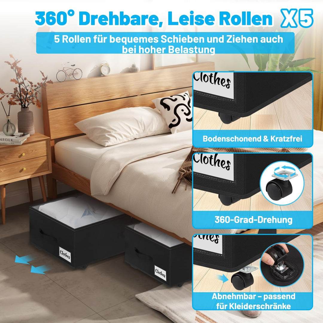 Unterbettkommode mit Rollen 360°Drehung, 2 Stück XXL 60L Unterbett Aufbewahrungsbox mit Transparente