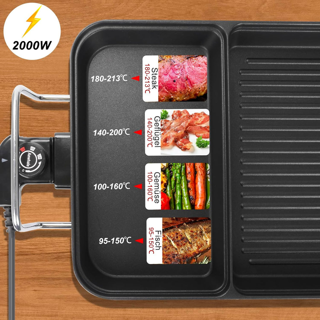 AEWHALE 3-in-1 Grillplatte Elektrisch, 2000 W, Tischgrill Elektrisch für Drinnen und Draussen mit An
