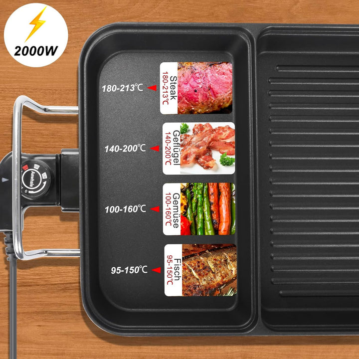 AEWHALE 3-in-1 Grillplatte Elektrisch, 2000 W, Tischgrill Elektrisch für Drinnen und Draussen mit An