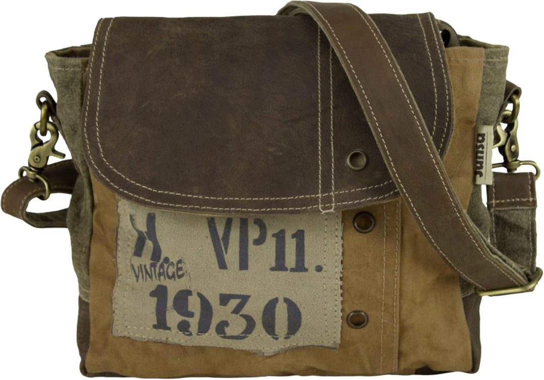 Sunsa Vintage Umhängetasche. Kleine Tasche aus Canvas & Leder. Nachhaltige Messenger Bag. Geschenk I