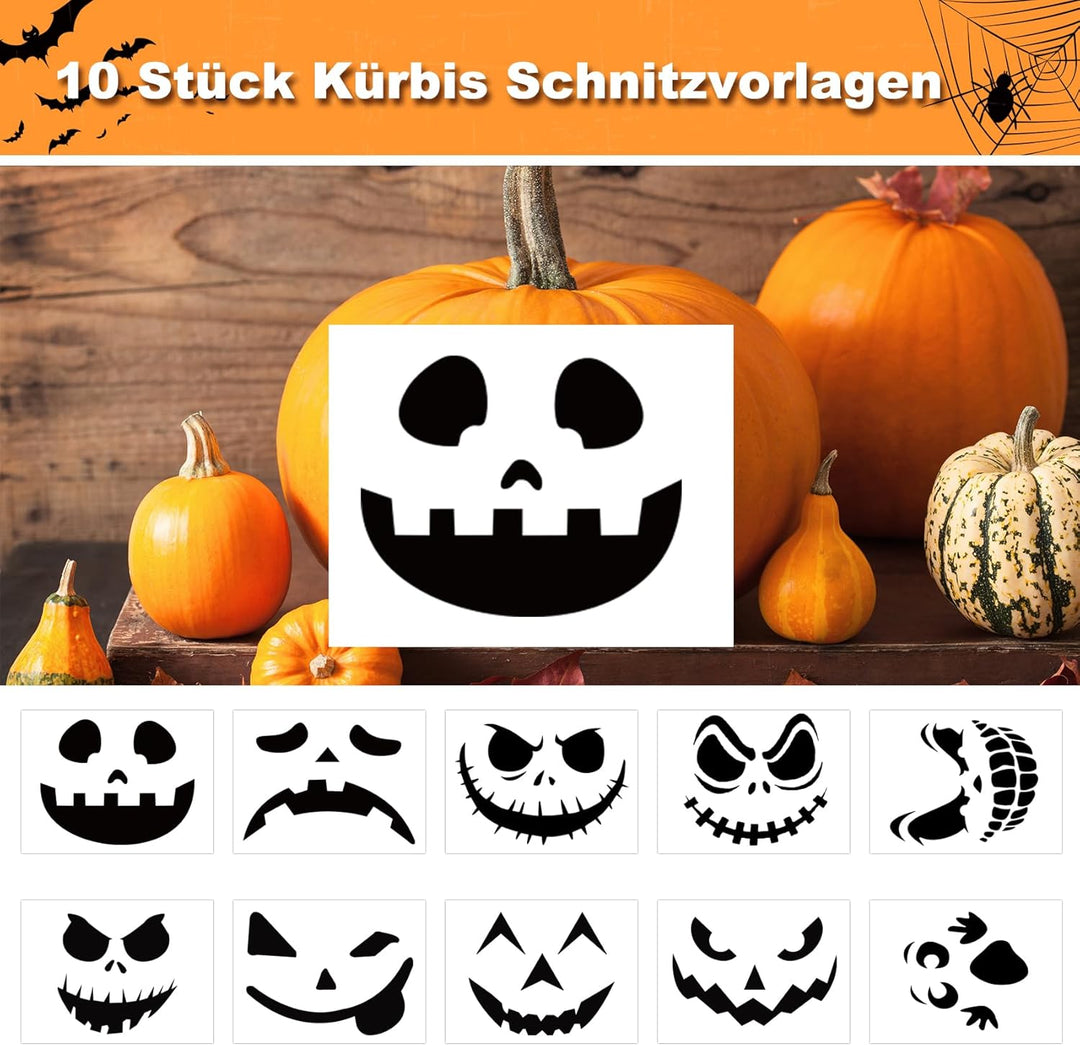 COOLUCK Kürbis Schnitzset mit Vorlagen, 11 Stück Halloween Kürbis Schnitzwerkzeug Carving Set mit Tr