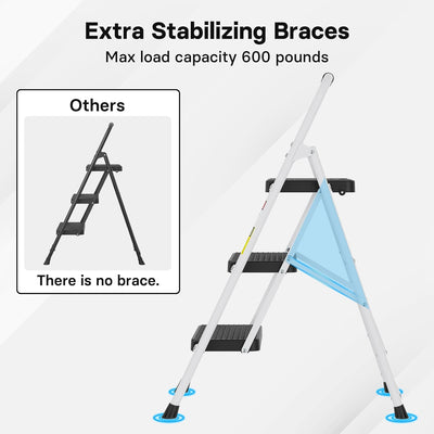 BONTEC Trittleiter 3 Stufen Klappbar, 272kg/600lbs Kapazität mit Breiten Anti-Rutsch-Pedalen, Faltba