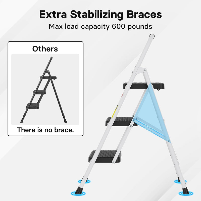 BONTEC Trittleiter 3 Stufen Klappbar, 272kg/600lbs Kapazität mit Breiten Anti-Rutsch-Pedalen, Faltba