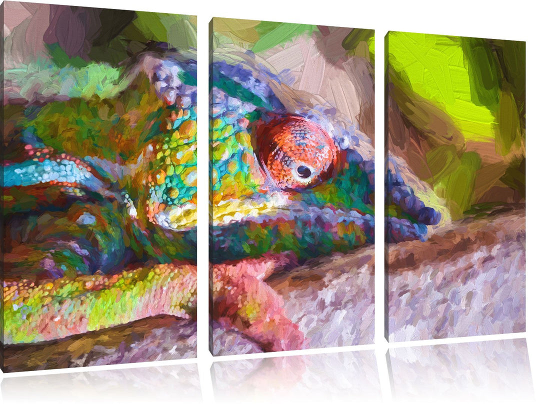 Pixxprint Chamäleon aus Madagaskar Kunst / 3-Teilig/Gesamtmass 120cm Leinwandbild bespannt auf Holzr