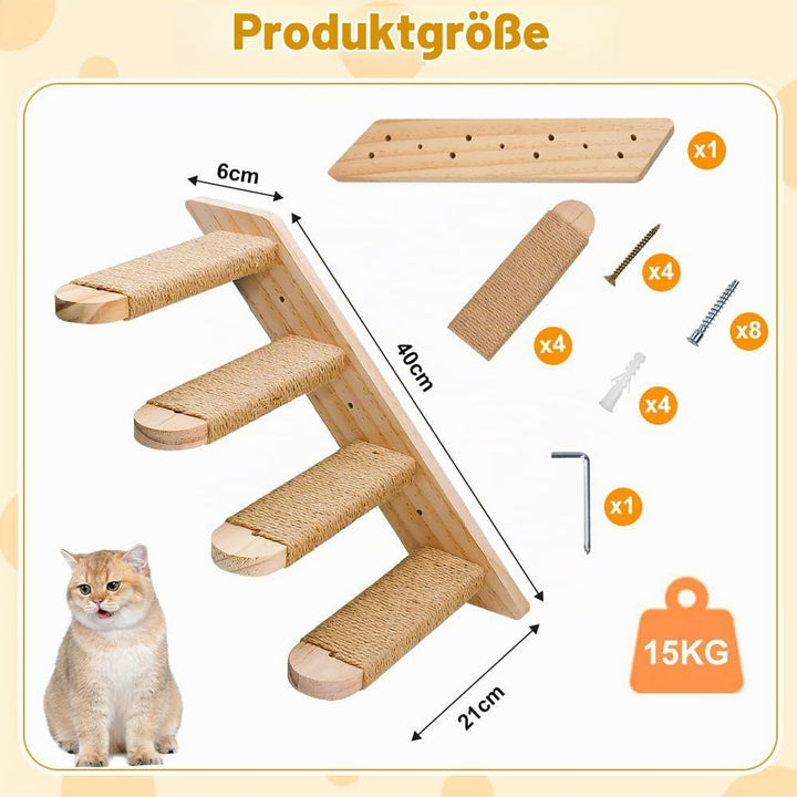 Katzentreppe Kletterwand Holz 4 Stufen Katzenleiter mit Juteseil &amp; Spielangel bis 15kg Traglast für