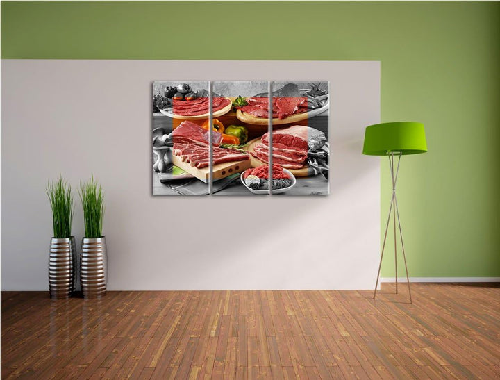 Saftige Fleisch Variationen schwarz/weiss 3-Teiler Leinwandbild 120x80 Bild auf Leinwand, XXL riesig